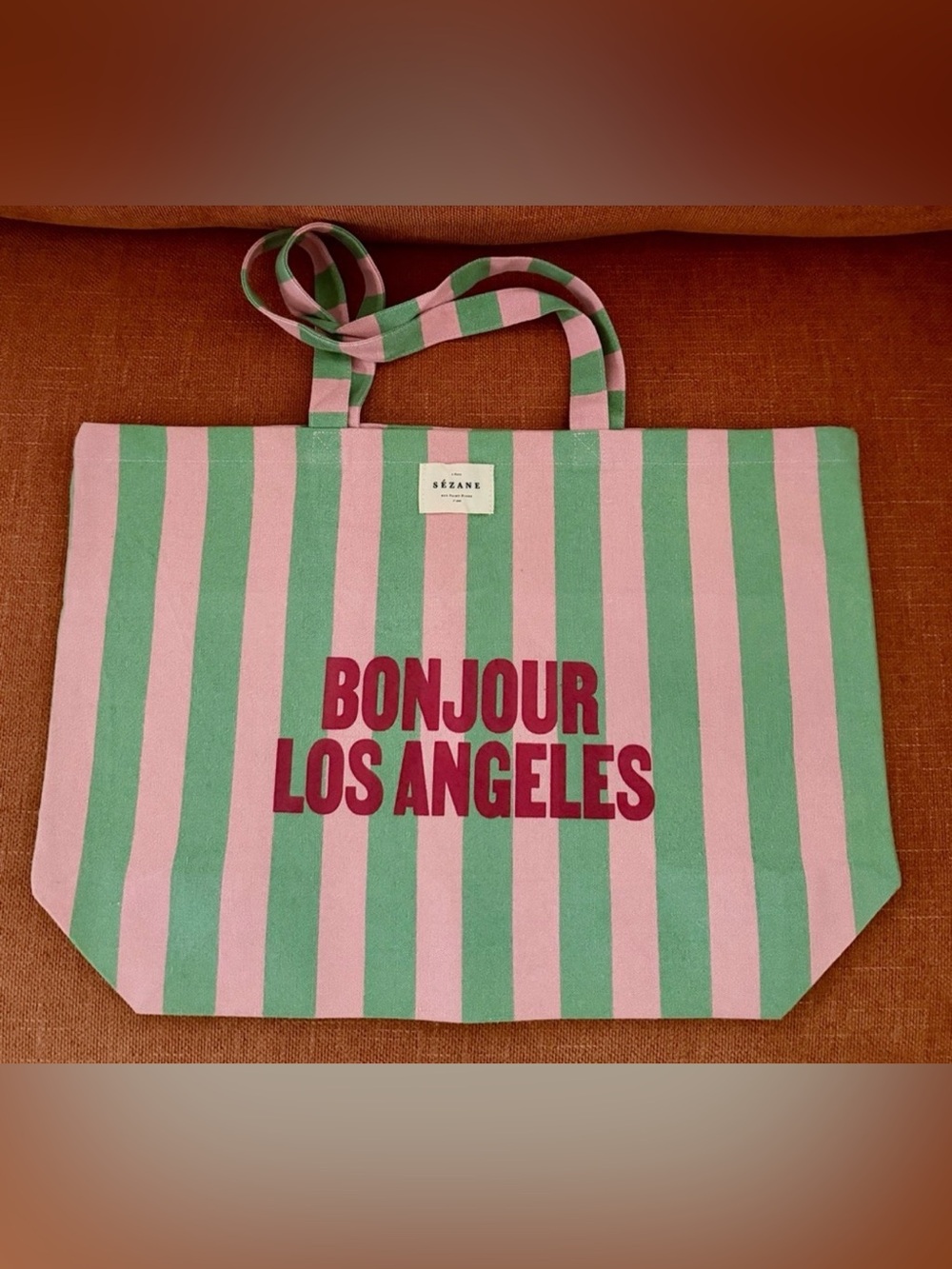 Bonjour Los Angeles Pink & Green Stripe Tote Bag - NWOT!